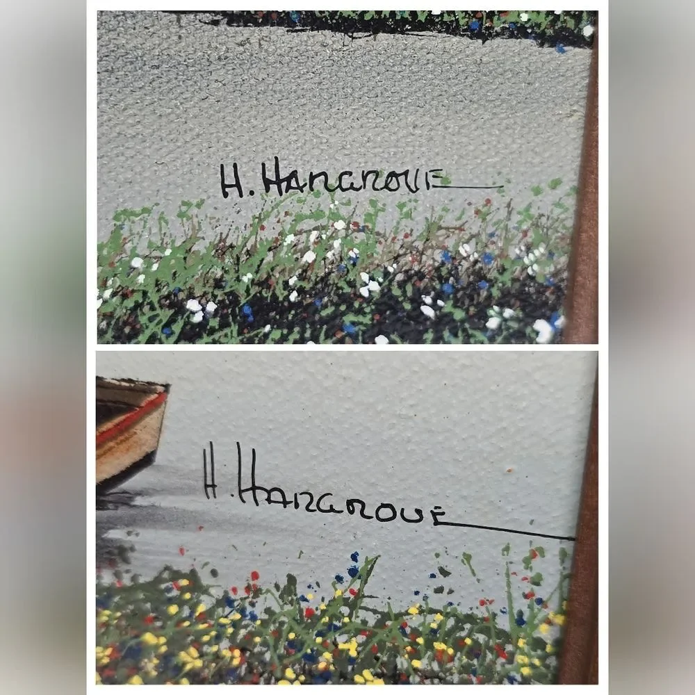 H Hargrove Original Oil Painting Set Lakehouse / Water Wheel Mill Vintage 1983